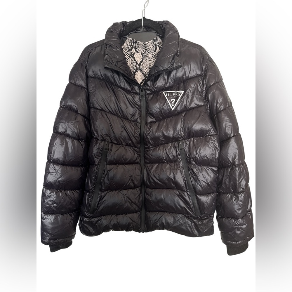 GUESS Black Puffer Jacket Women’s Size L Glossy Logo Zip Coat - Picture 3 of 8